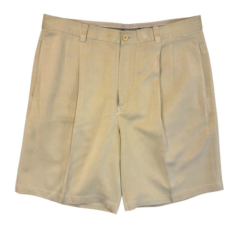 Vintage Tommy Bahama Mens 100% Silk Pleated Dress Shorts Tan Khaki 34x8.5